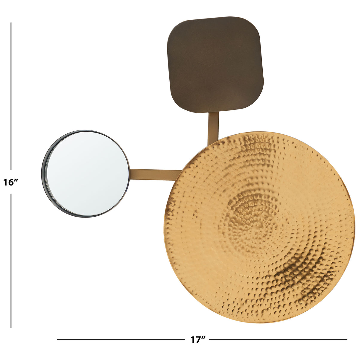 A hammered disk and small round mirror make a 17-inch-wide, 16-inch-tall wall accent || WDC1030A || dimension_studio