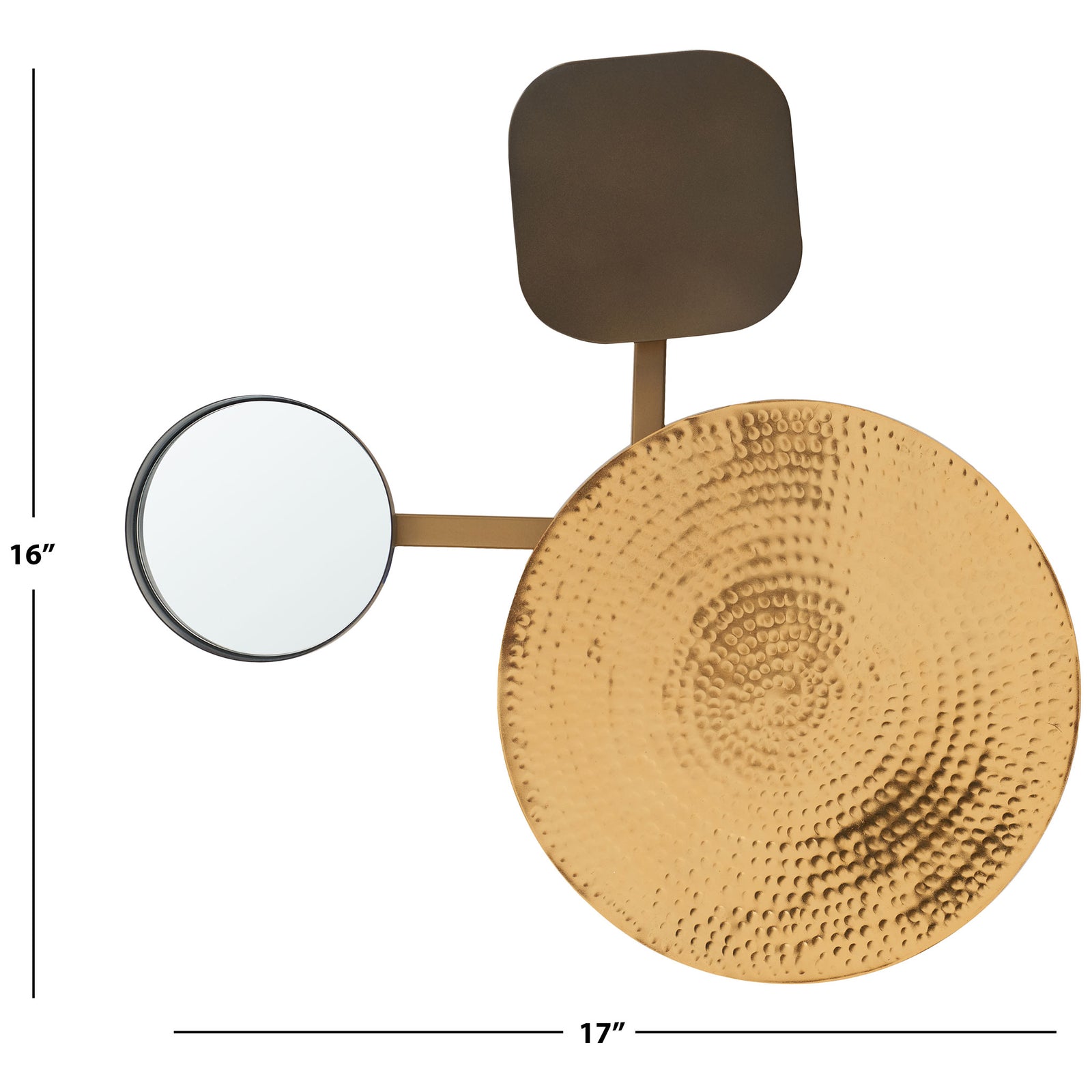 A hammered disk and small round mirror make a 17-inch-wide, 16-inch-tall wall accent || WDC1030A || dimension_studio