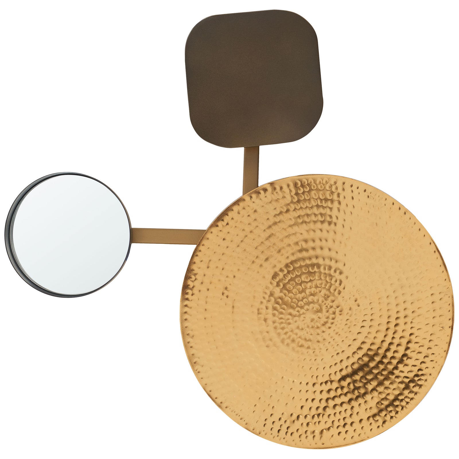 A hammered gold-tone disk, round mirror, and dark metal panel form a geometric wall accent || WDC1030A || front_studio