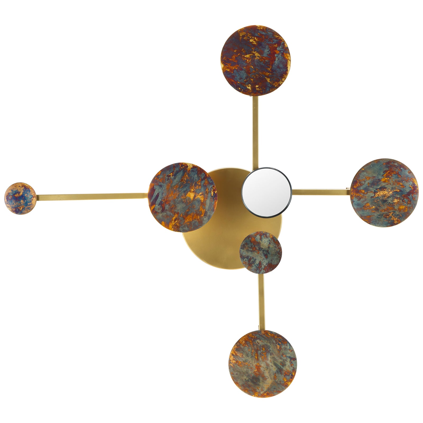 Six textured disks in blue and copper tones create a geometric arrangement around a round mirror. || WDC1031A || front_studio