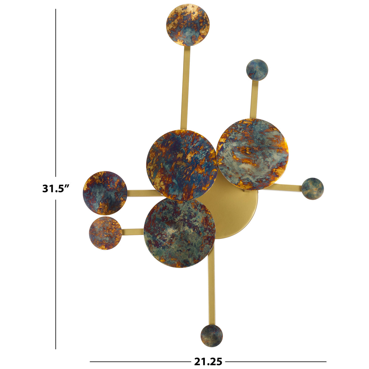 Patinated iron circles span 21.25 inches wide and 31.5 inches tall on an antique brass-toned frame. || WDC1032A || dimension_studio