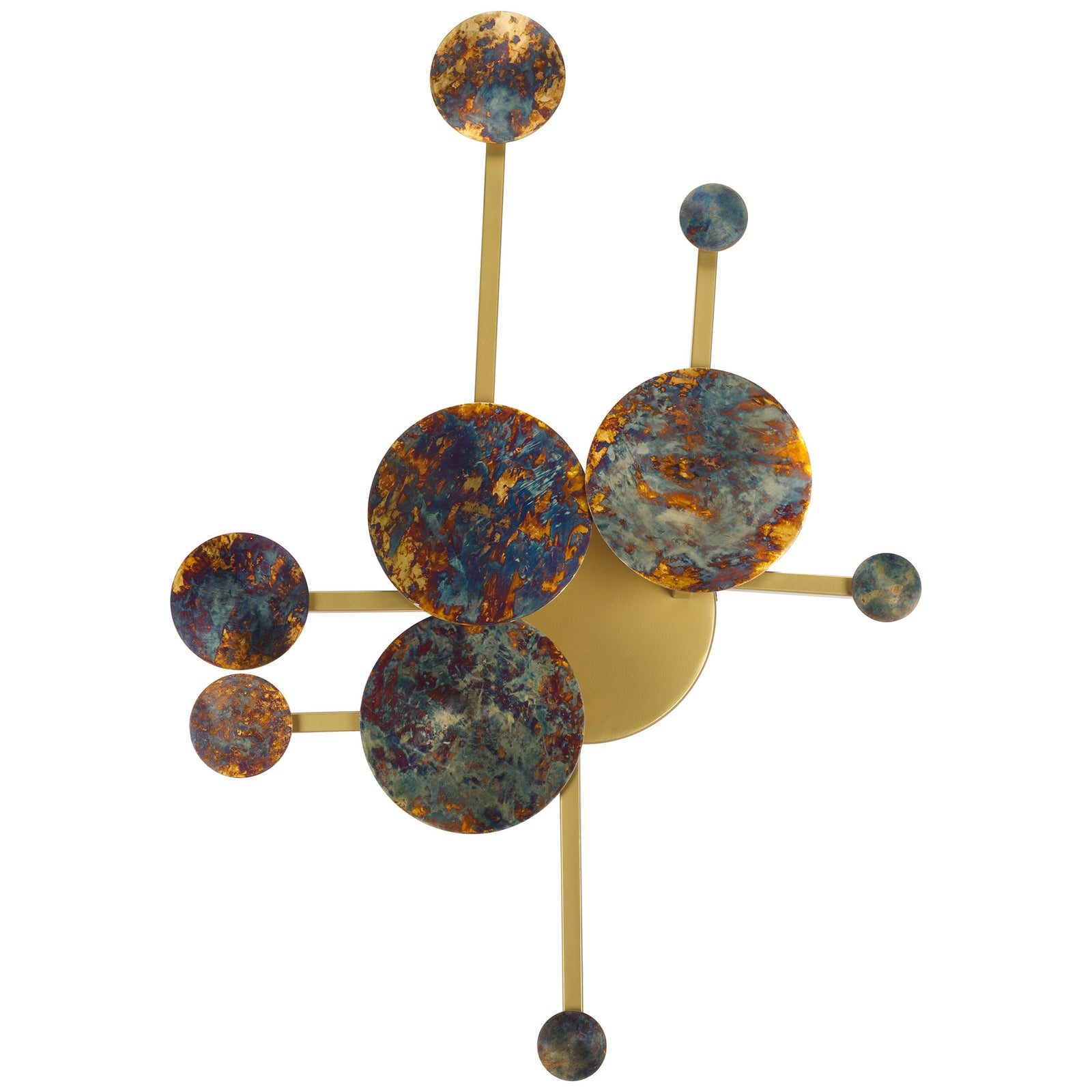 Clustered blue and rust-toned iron discs balance on slim antique brass-finished rods. || WDC1032A || front_studio