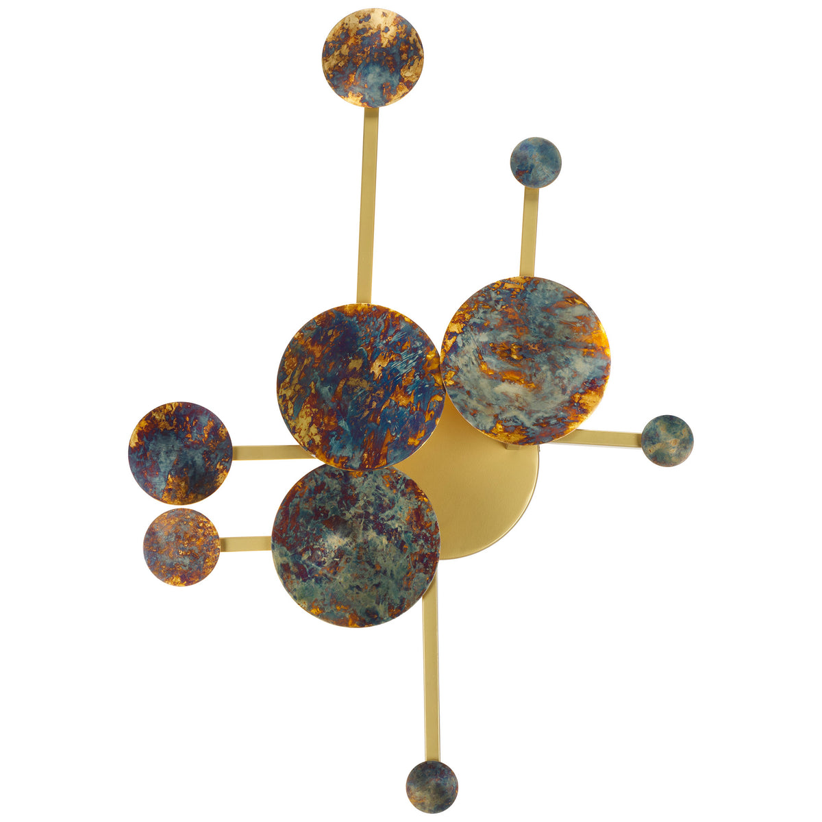 Layered metal circles in mottled blue, gold, and copper tones create an airy geometric wall accent. || WDC1032A || front_studio
