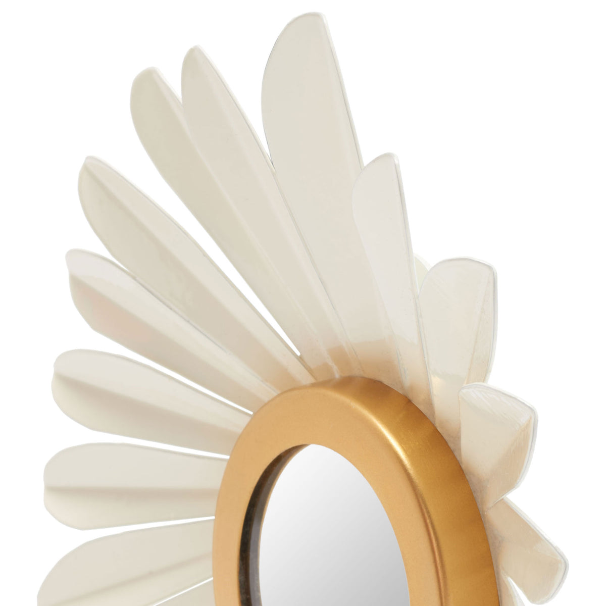 Layered ivory petals frame a round mirror with a warm gold rim