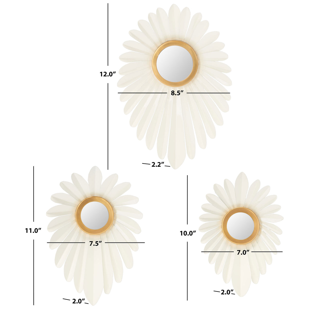 Three ivory floral wall mirrors come in graduated sizes with gold-rimmed centers || WDC3000A || dimension_studio