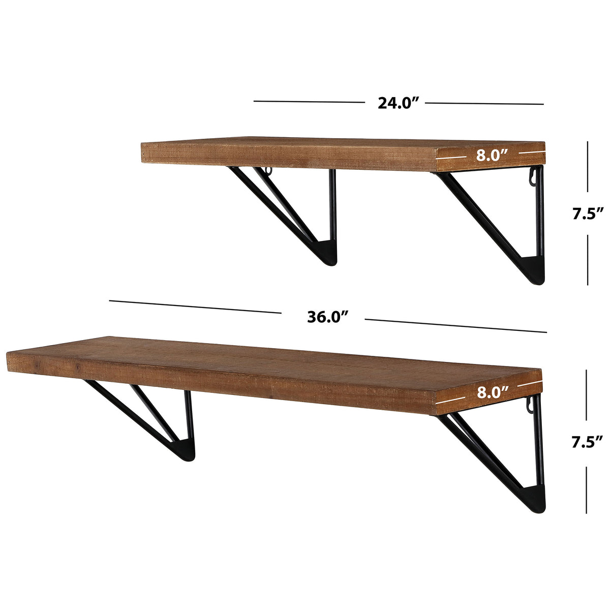 Brown wood shelves measure 24 and 36 inches wide, each 8 inches deep and 7.5 inches high. || WDC5000A || dimension_studio