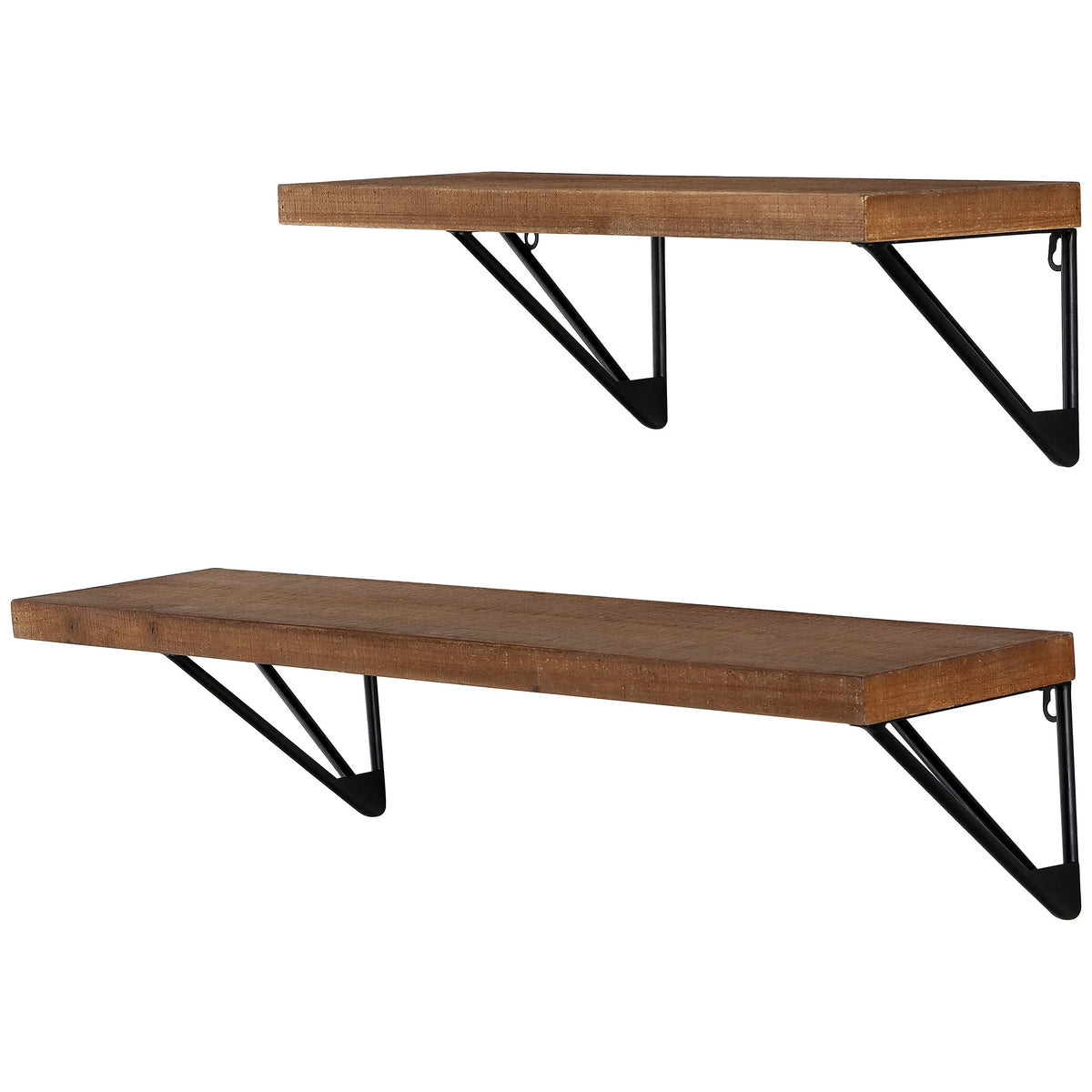 Two brown wood wall shelves in contrasting lengths feature angular black iron brackets. || WDC5000A || front_angle_studio