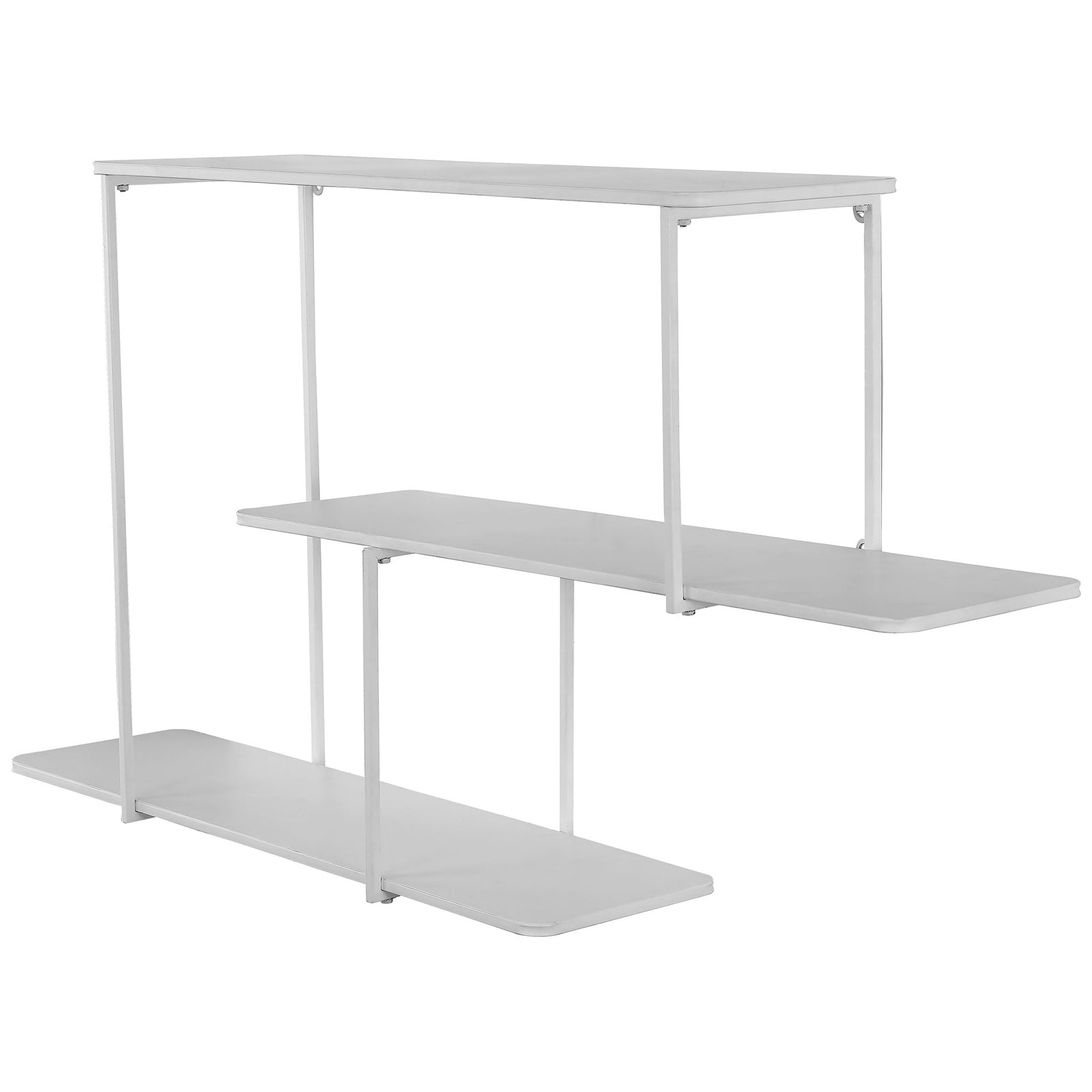 Three staggered white metal shelves create an airy, geometric wall display || WDC5001B || front_angle_studio