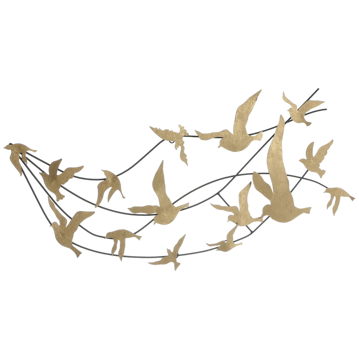 A sculptural flock of gold birds glides along sweeping black iron lines for an airy wall accent. || WDC5004A || front_studio