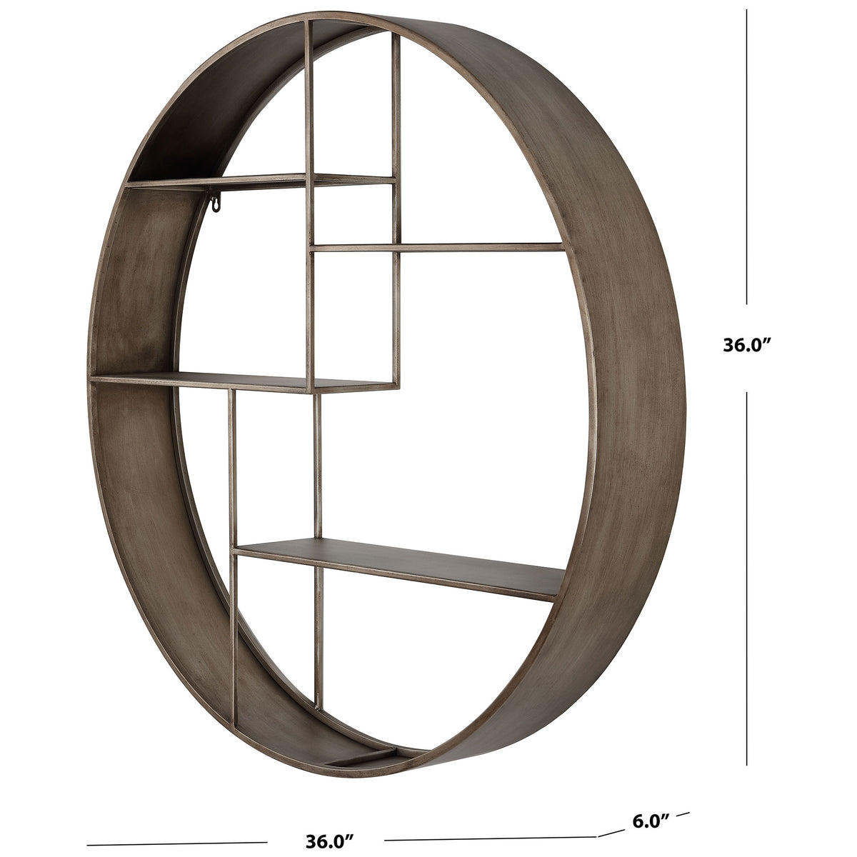 The circular wall shelf measures 36 inches wide and high, with a 6-inch depth. || WDC5010A || dimension_studio