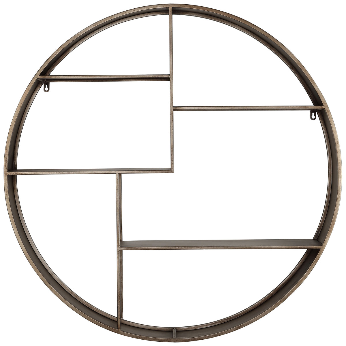 A round brown metal frame holds staggered shelves and slender dividers for a sculptural display. || WDC5010A || front_studio