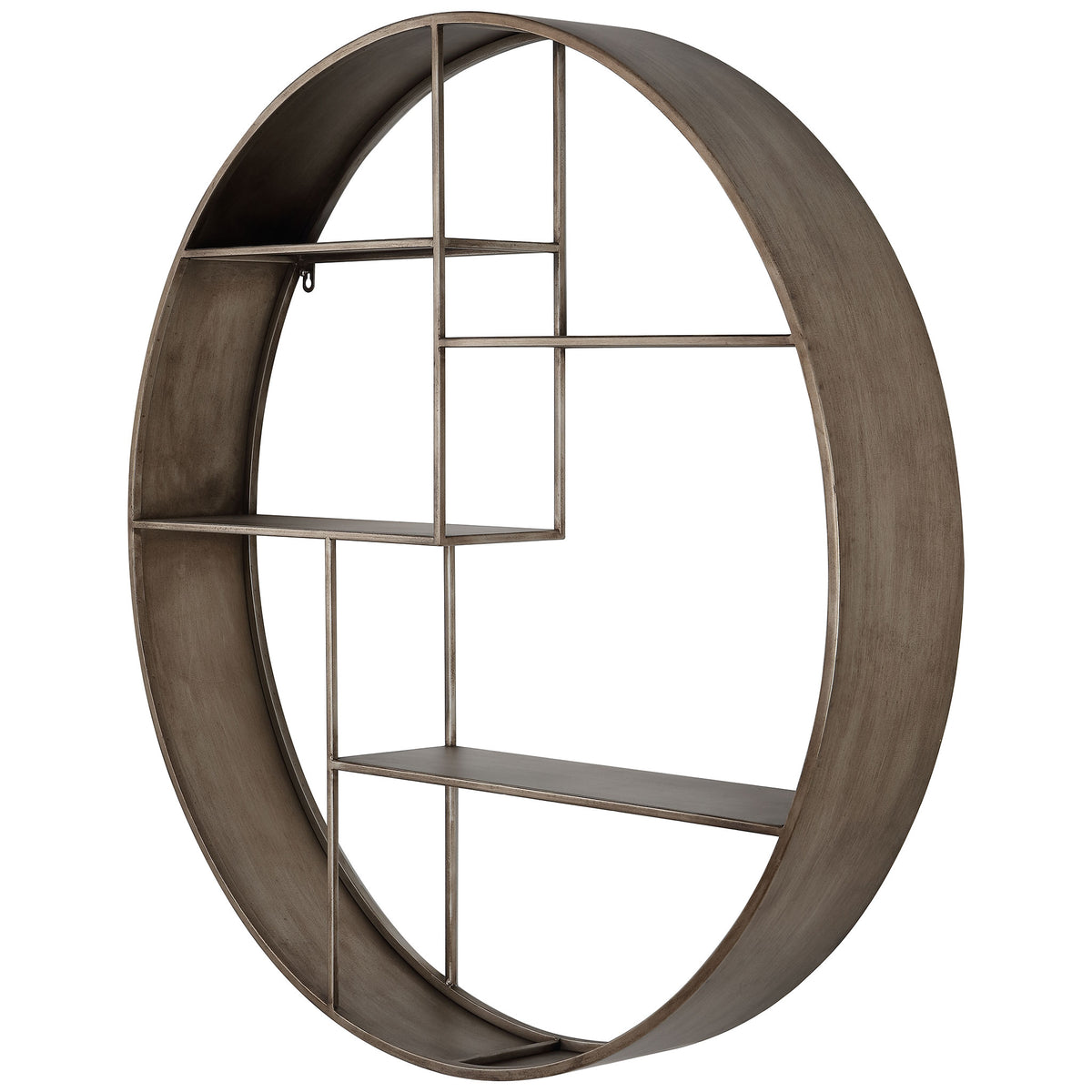 A deep circular iron frame surrounds staggered shelves, adding dimension to a decorative wall display. || WDC5010A || front_angle_studio