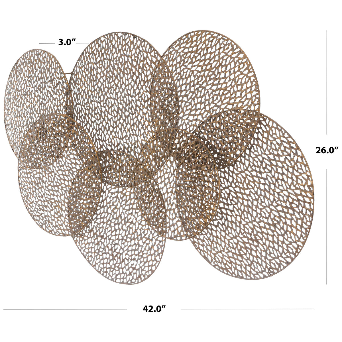 Overlapping antique gold disks form a 42-inch-wide dimensional wall accent