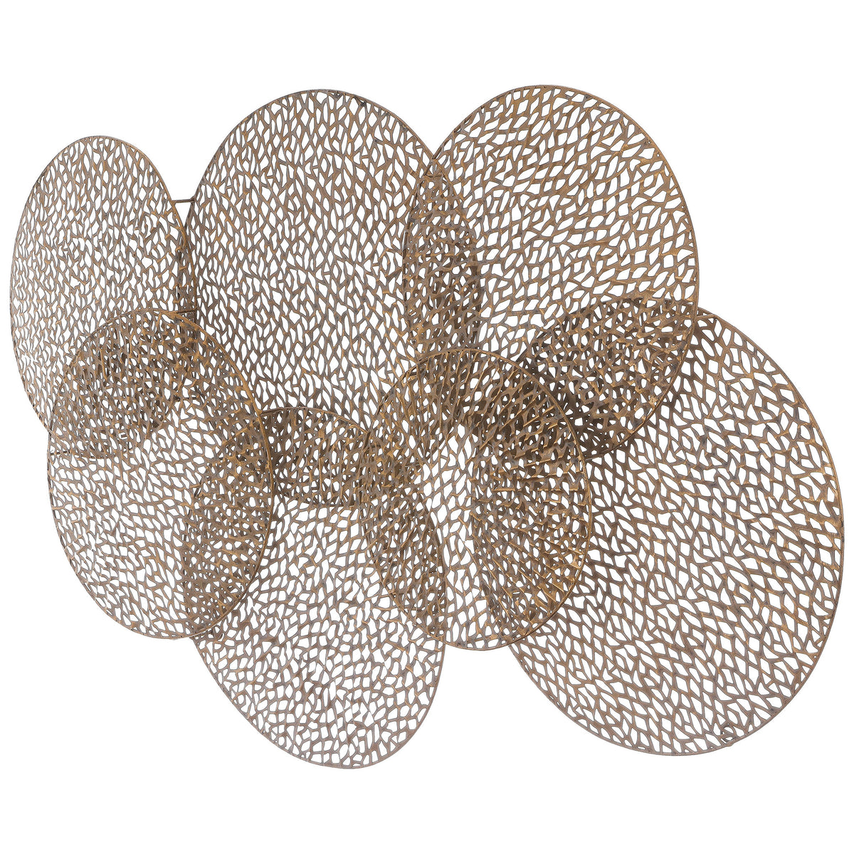 Overlapping iron disks with intricate latticework create a dimensional antique gold wall accent || WDC5014A || front_studio