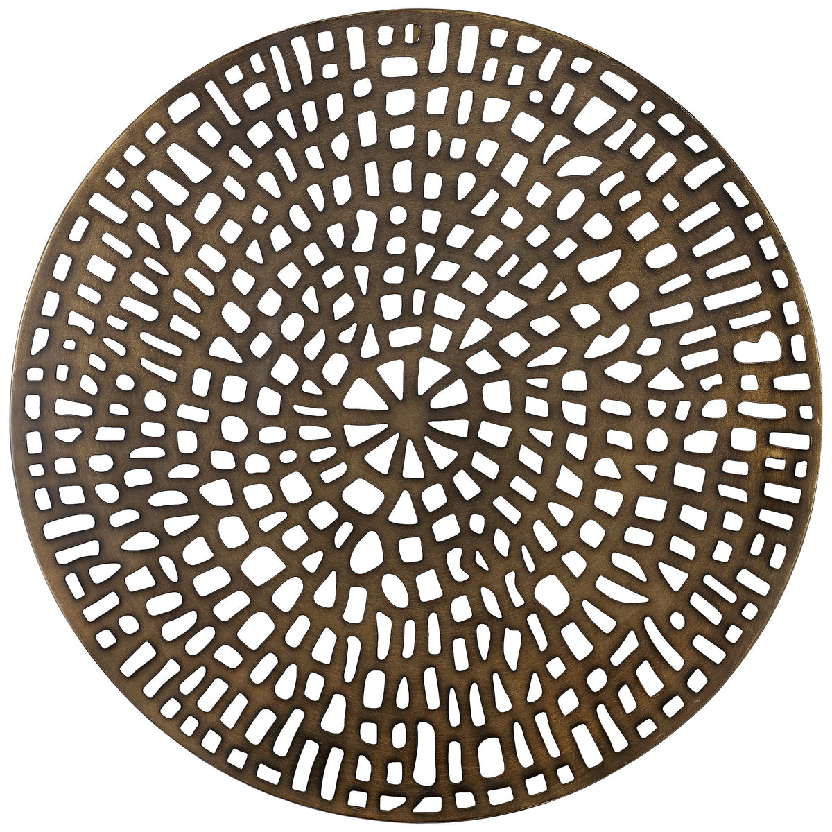 Circular antique brass wall decor radiates geometric cutouts from a starburst center || WDC5017A || front_studio
