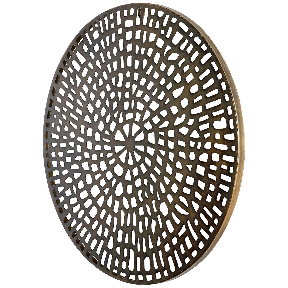 A slim antique brass rim outlines the dimensional, radiating openwork design
