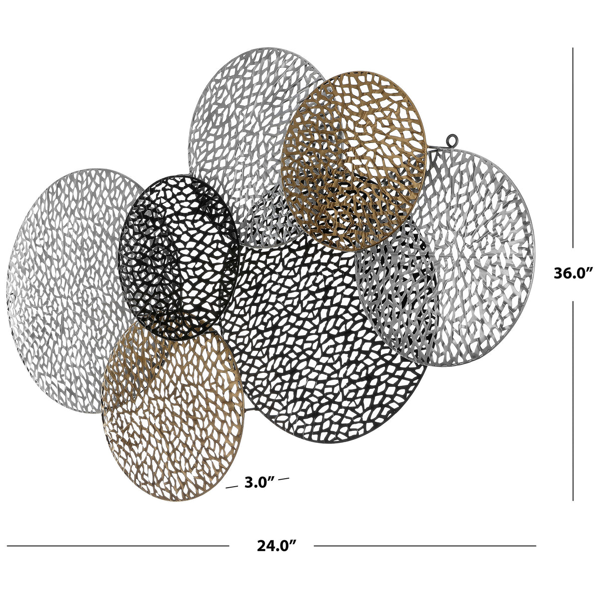 Overlapping openwork disks form a dimensional wall accent in silver, bronze, and black. || WDC5019A || dimension_studio