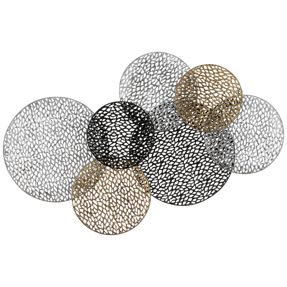 Silver, bronze, and black openwork disks overlap to create a bold sculptural wall accent. || WDC5019A || front_studio