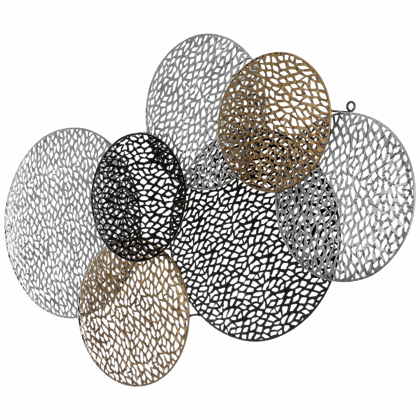 Staggered lattice-patterned disks bring layered depth and mixed metallic finishes to the wall. || WDC5019A || front_angle_studio