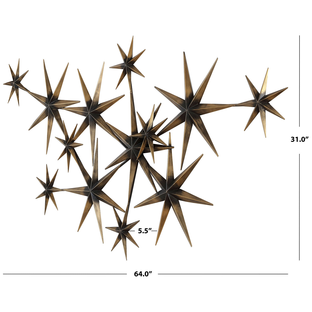 A 64-inch-wide spread of bronze starbursts creates a bold, dimensional wall accent.