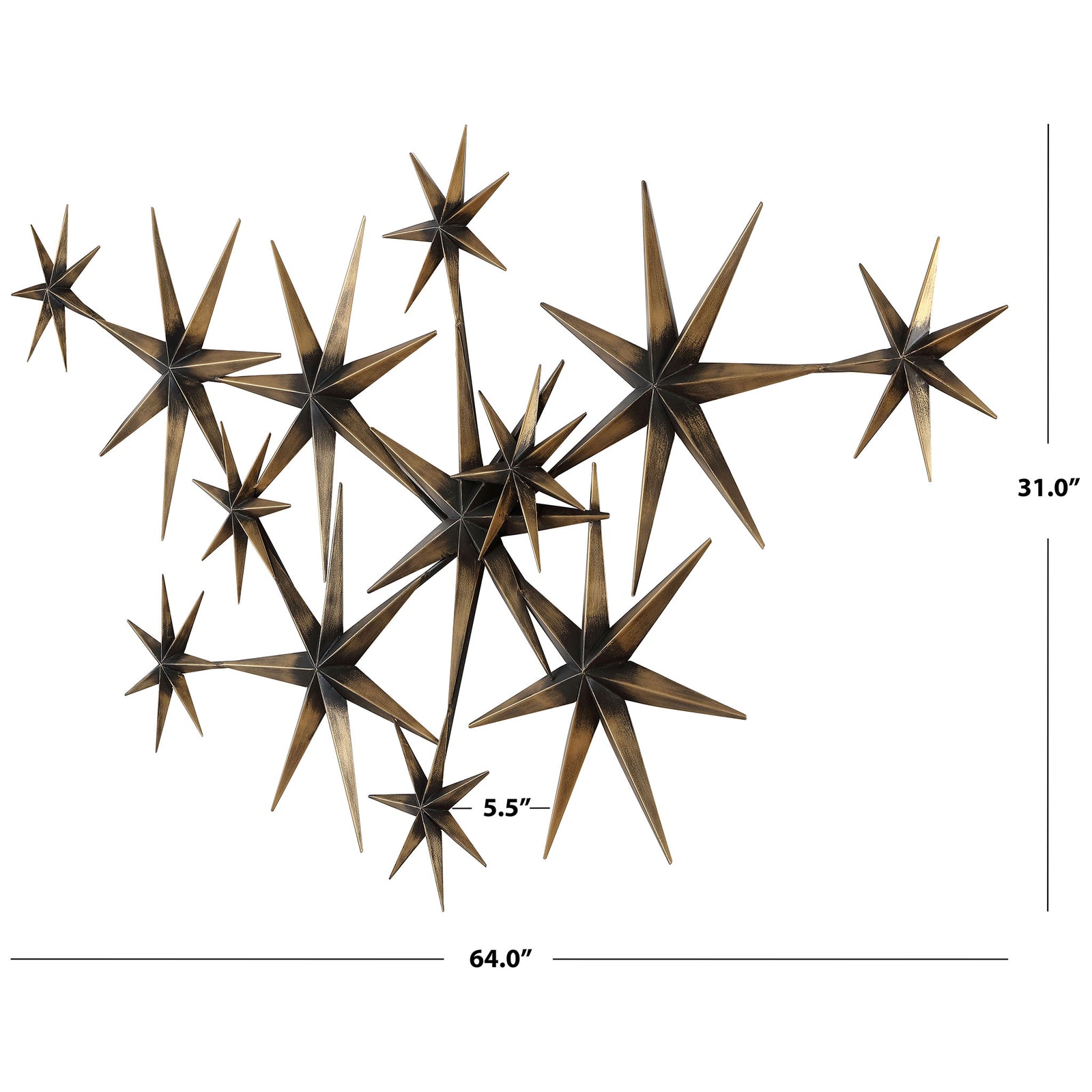 A 64-inch-wide spread of bronze starbursts creates a bold, dimensional wall accent. || WDC5021A || dimension_studio