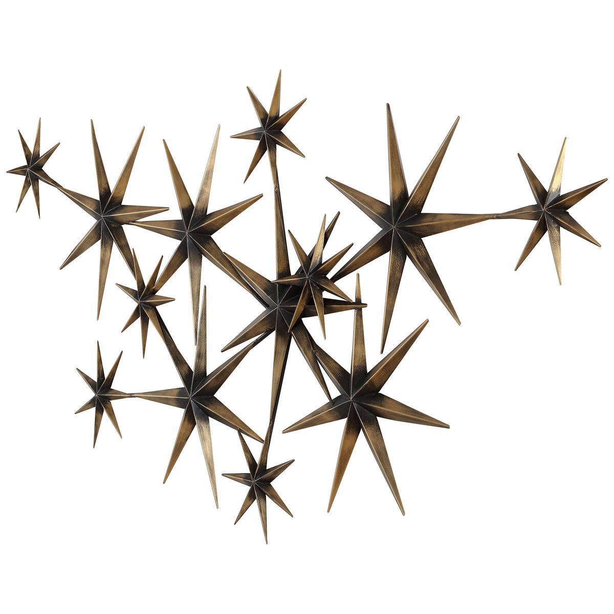 Bronze iron stars in varied sizes overlap to create a dramatic sculptural wall display. || WDC5021A || front_studio