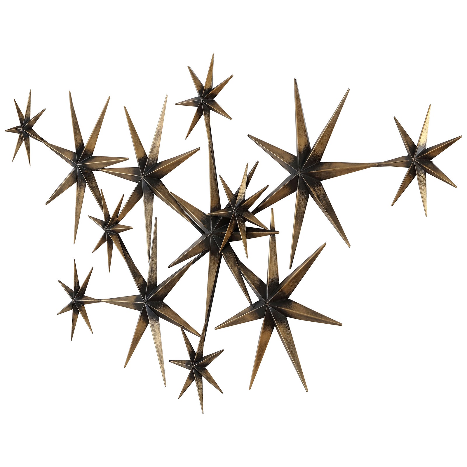 Bronze iron stars in varied sizes overlap to create a dramatic sculptural wall display. || WDC5021A || front_studio