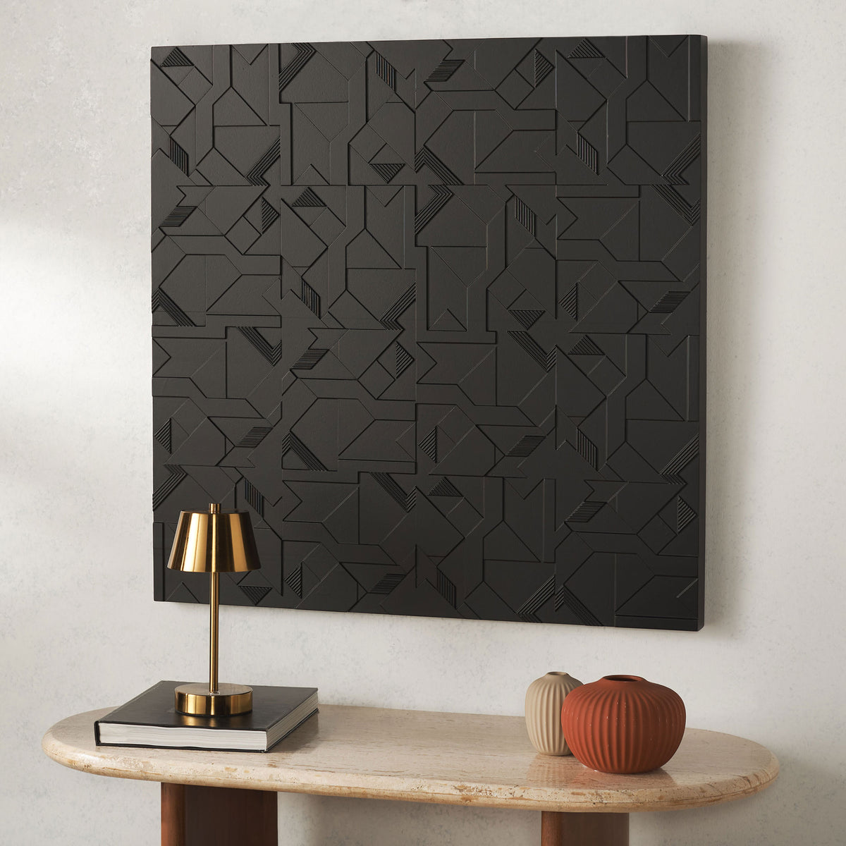 Sculptural black wall art brings striking geometric texture to a modern living space. || WDC5023A || front_room