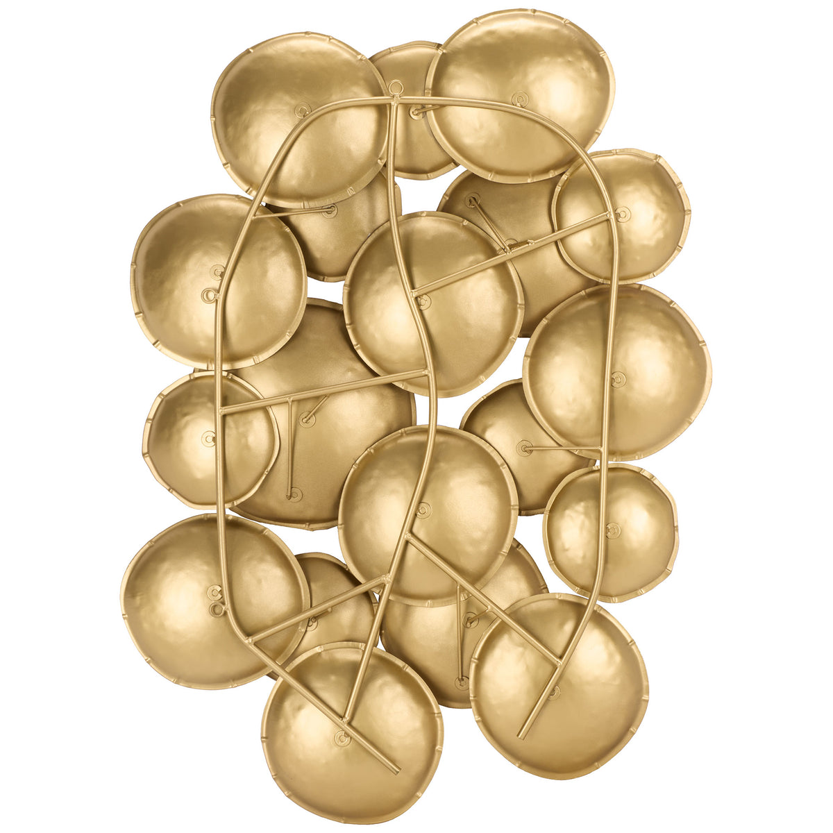 A curved iron frame supports the overlapping gold discs of this sculptural wall accent || WDC5025A || back_studio