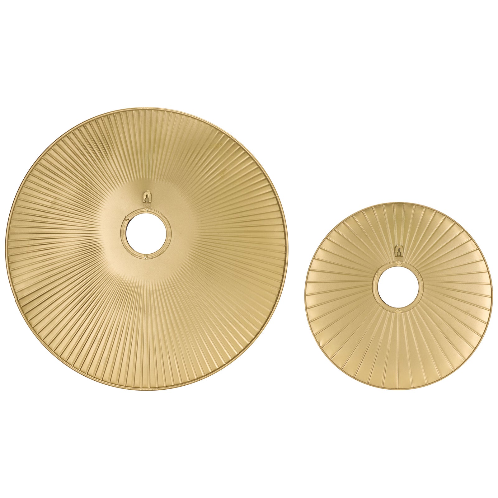 Two gold metal wall discs reveal ribbed backs, open centers, and hanging hooks || WDC5026A || back_studio