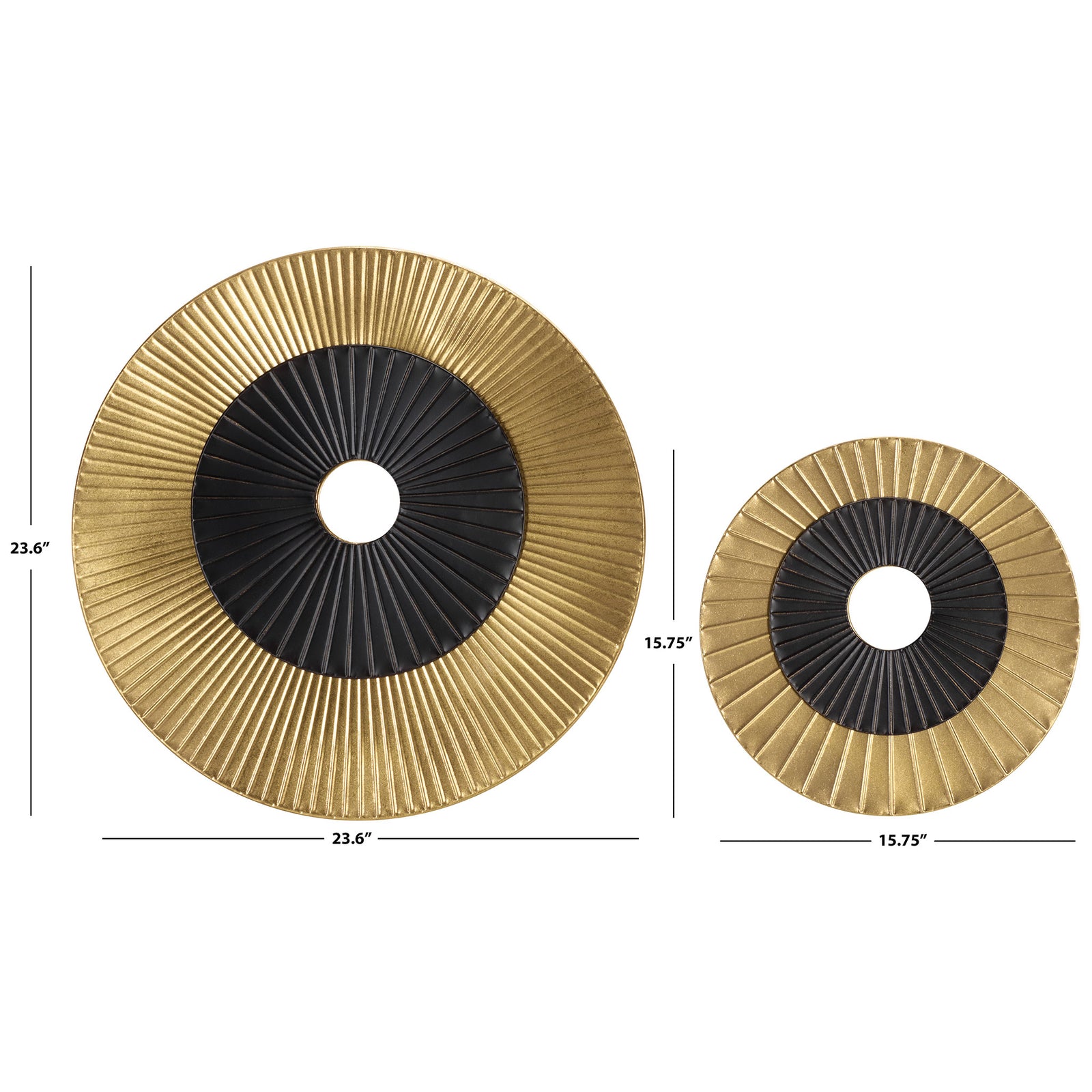 A pair of ribbed gold and black wall discs measures 23.6 and 15.75 inches across || WDC5026A || dimension_studio