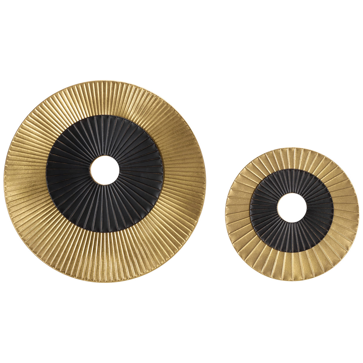 Two gold and black wall discs pair sunburst ridges with open centers || WDC5026A || front_studio
