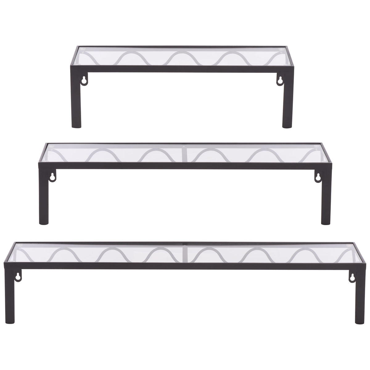 Three graduated black iron shelves with glass tops and keyhole wall mounts || WDC5032A || back_angle_studio