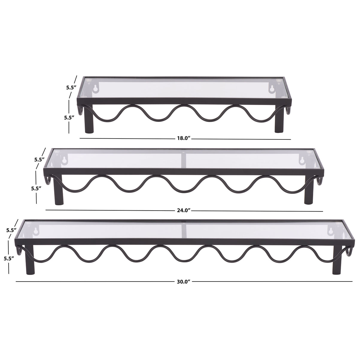 Scalloped glass-top shelves offer 18-, 24-, and 30-inch display widths || WDC5032A || dimension_studio