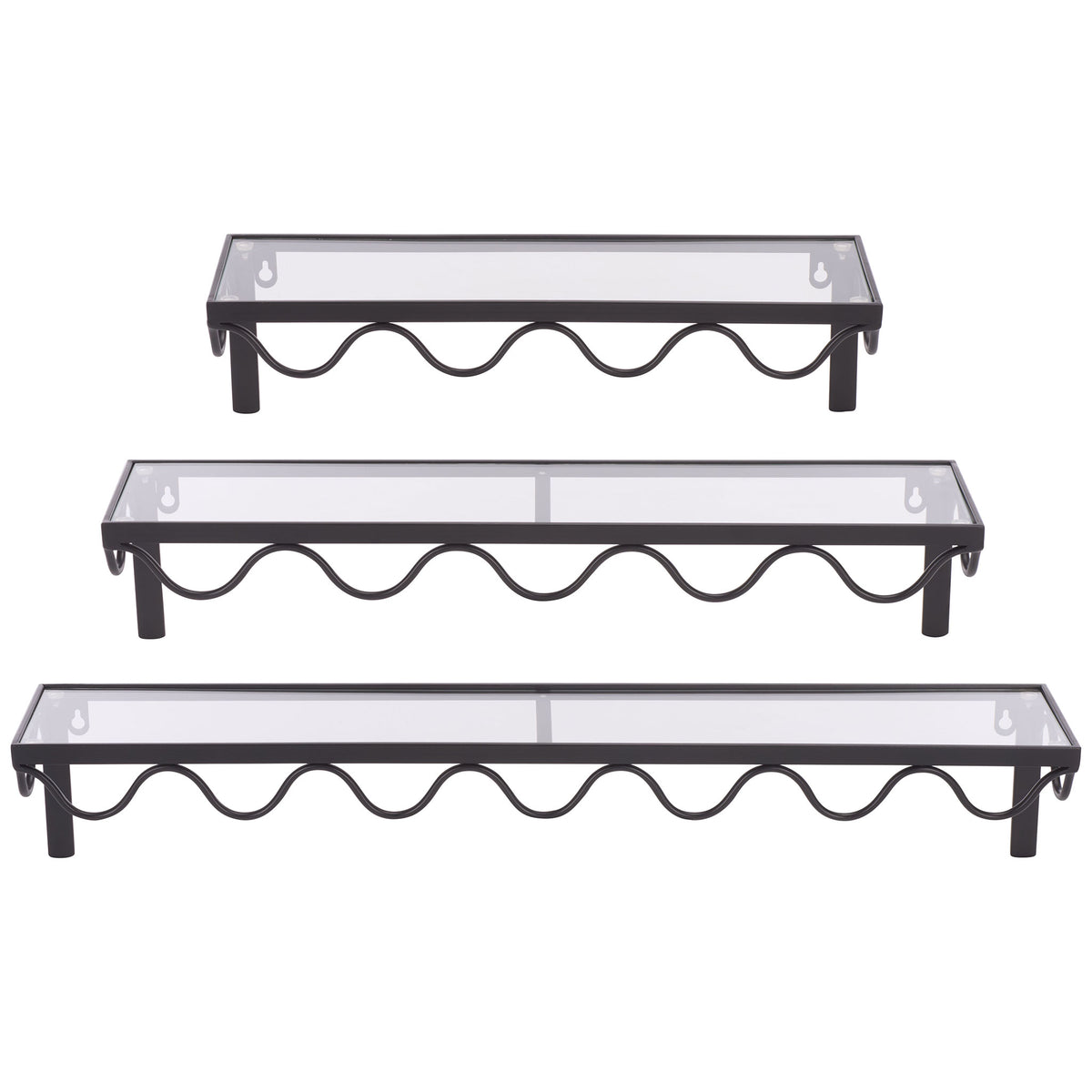 Three glass-topped wall shelves feature scalloped black iron fronts in graduated sizes || WDC5032A || front_angle_studio