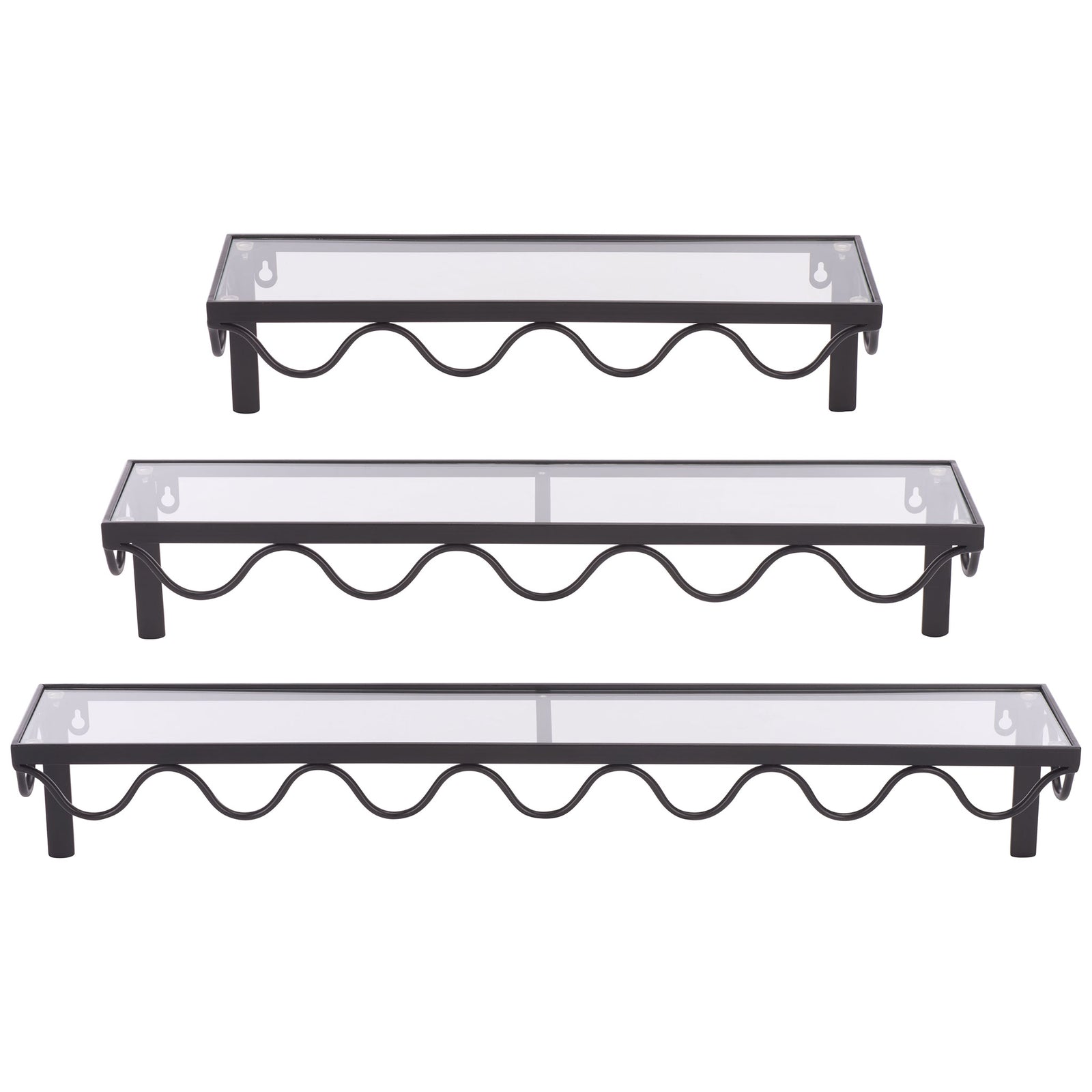 Three glass-topped wall shelves feature scalloped black iron fronts in graduated sizes || WDC5032A || front_angle_studio