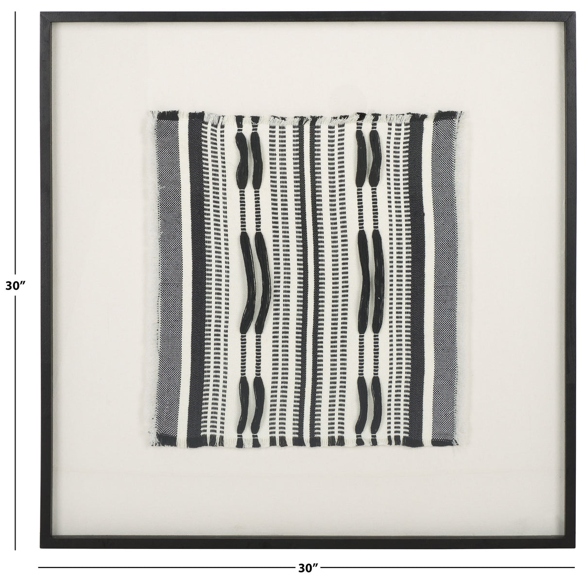 Square black-framed textile art measures 30 inches in both height and width. || WLA1900A || dimension_studio