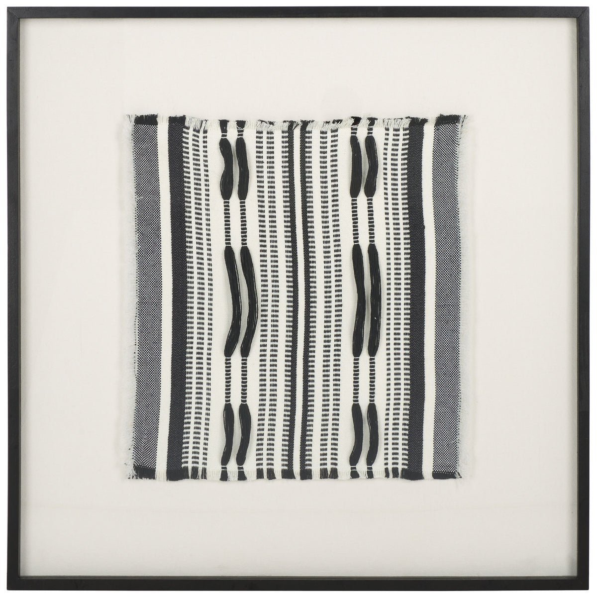 Vertical woven stripes and elongated black motifs create a striking monochrome pattern. || WLA1900A || front_studio