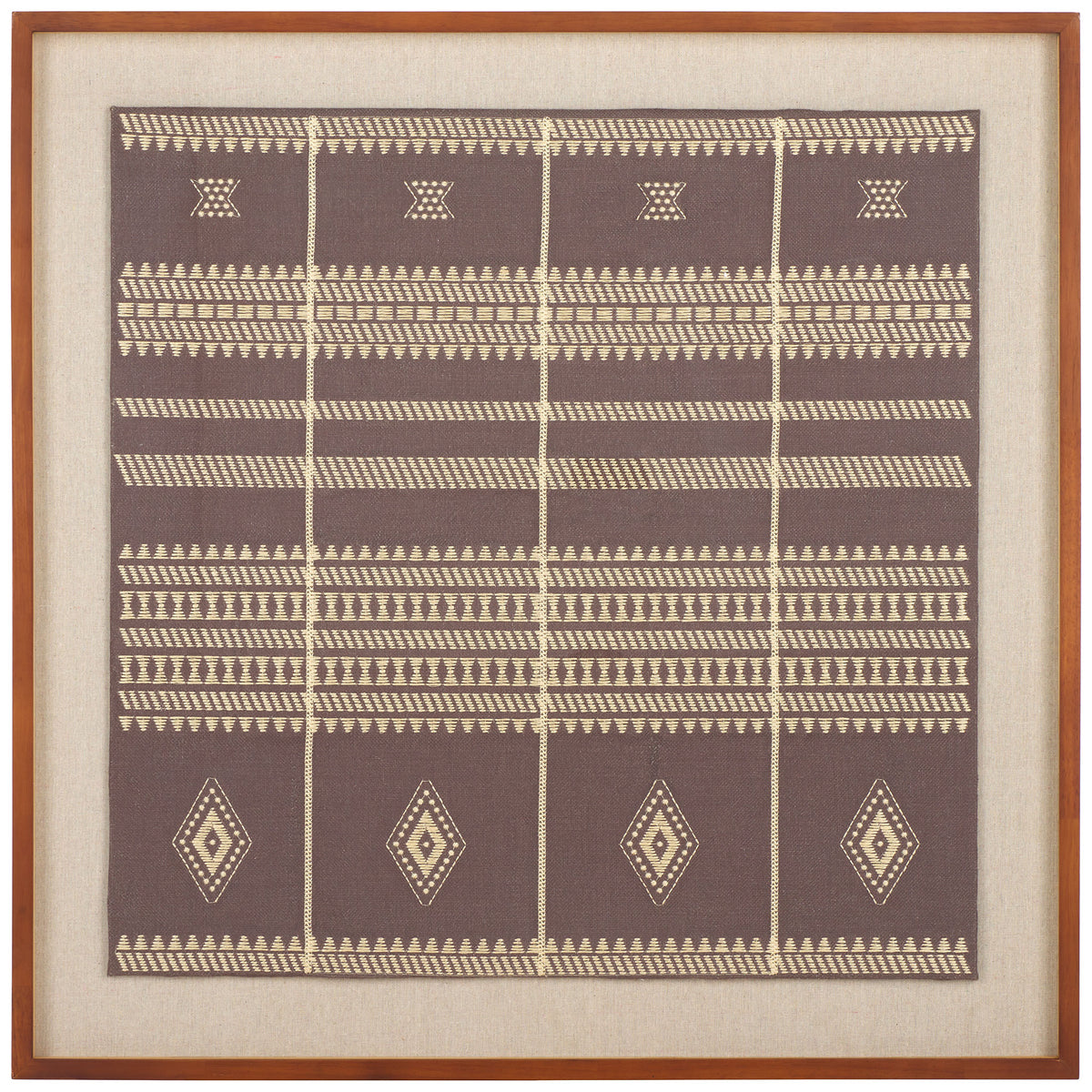 Cream geometric bands and diamond motifs give brown textile art a rhythmic look within a warm wood frame. || WLA1902A || front_studio