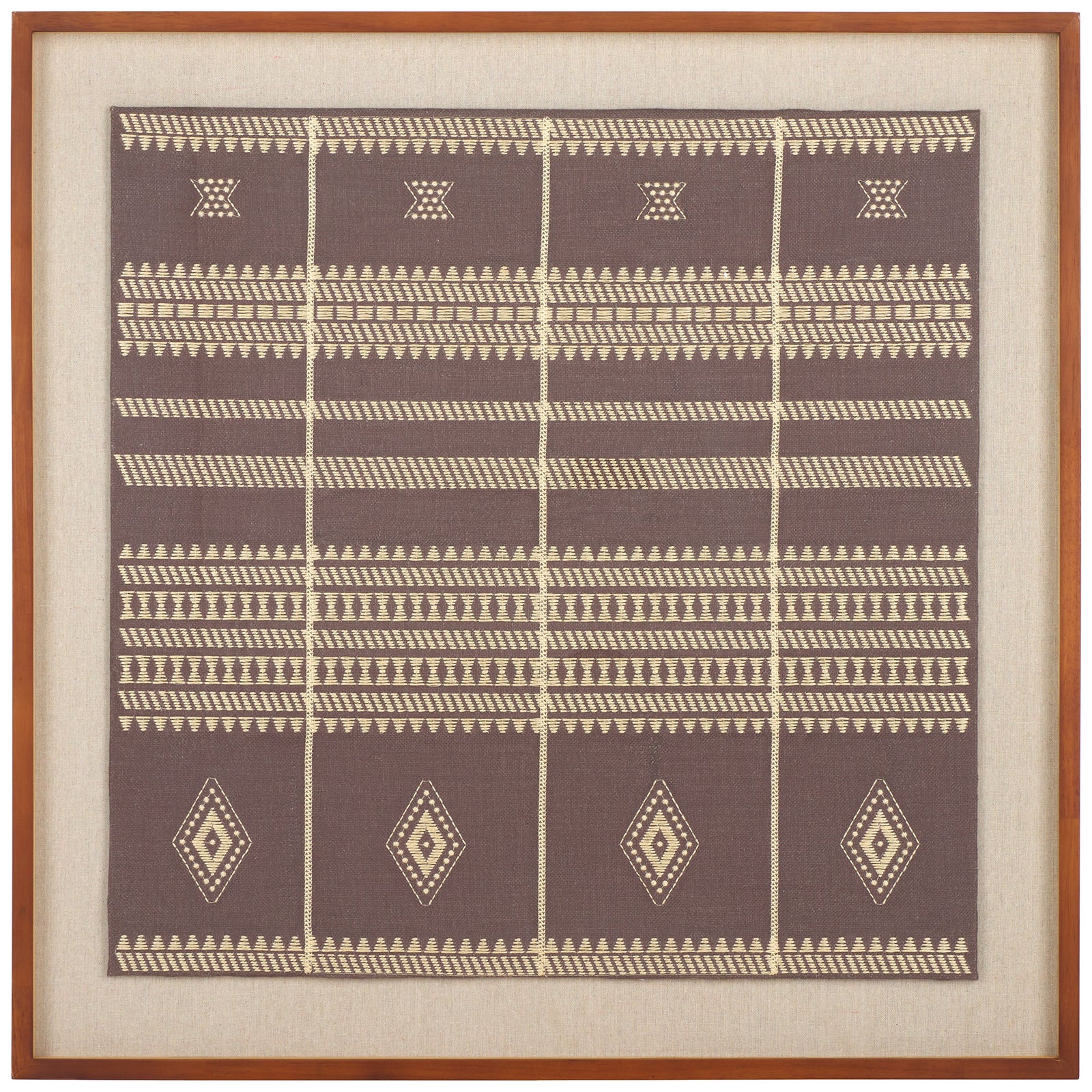 Cream geometric bands and diamond motifs give brown textile art a rhythmic look within a warm wood frame. || WLA1902A || front_studio