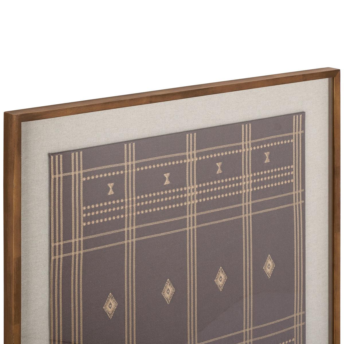 Delicate tan lines and diamond motifs adorn brown textile within a pale mat and warm wood frame. || WLA1903A || detail_studio
