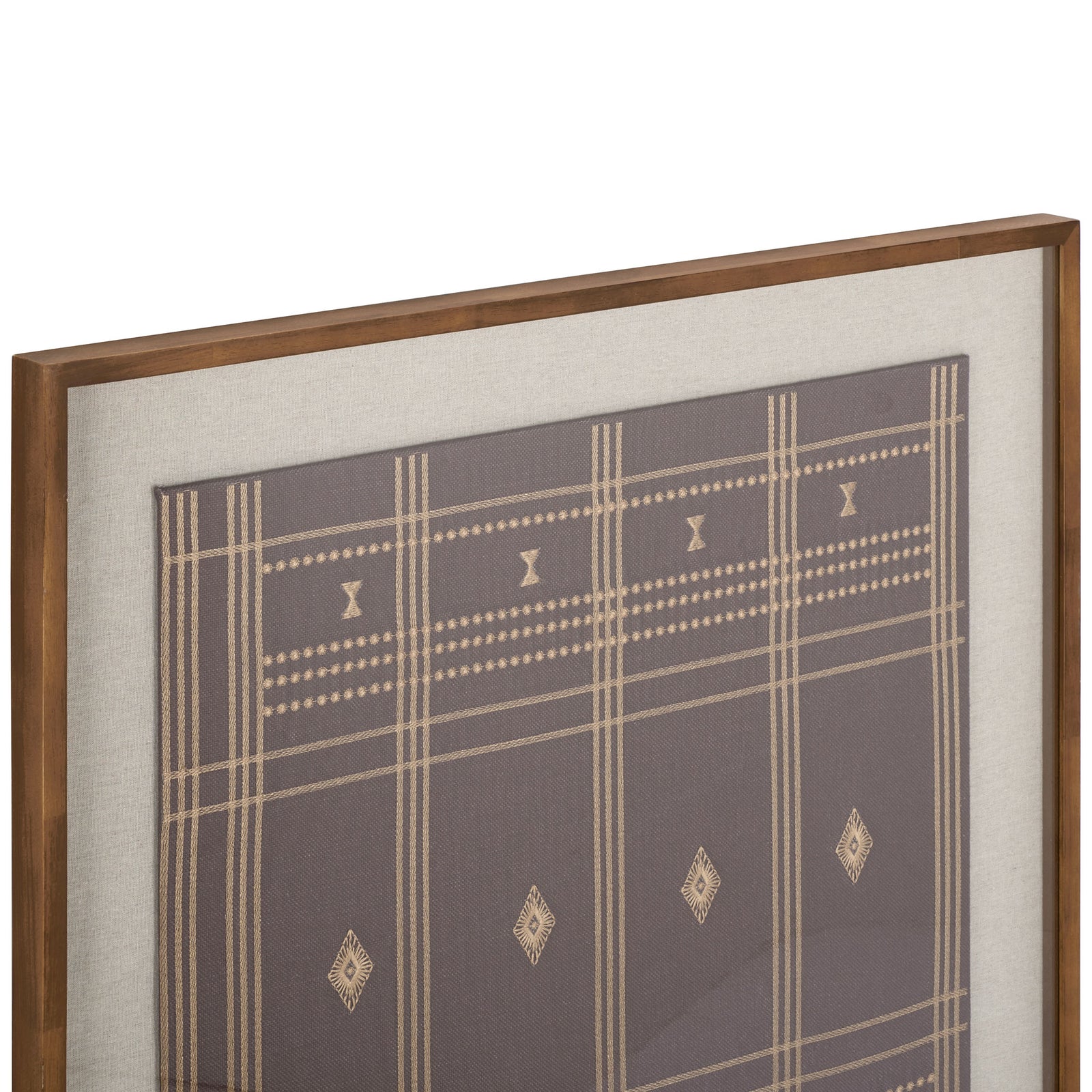 Delicate tan lines and diamond motifs adorn brown textile within a pale mat and warm wood frame. || WLA1903A || detail_studio