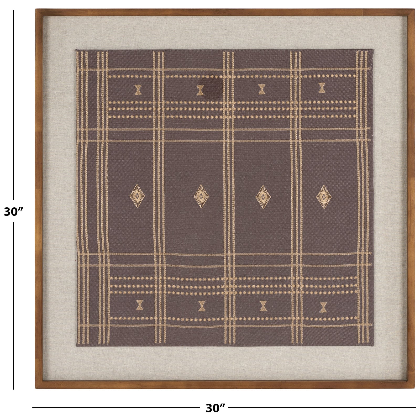 Brown geometric textile art measures 30 inches square in its warm wood frame. || WLA1903A || dimension_studio