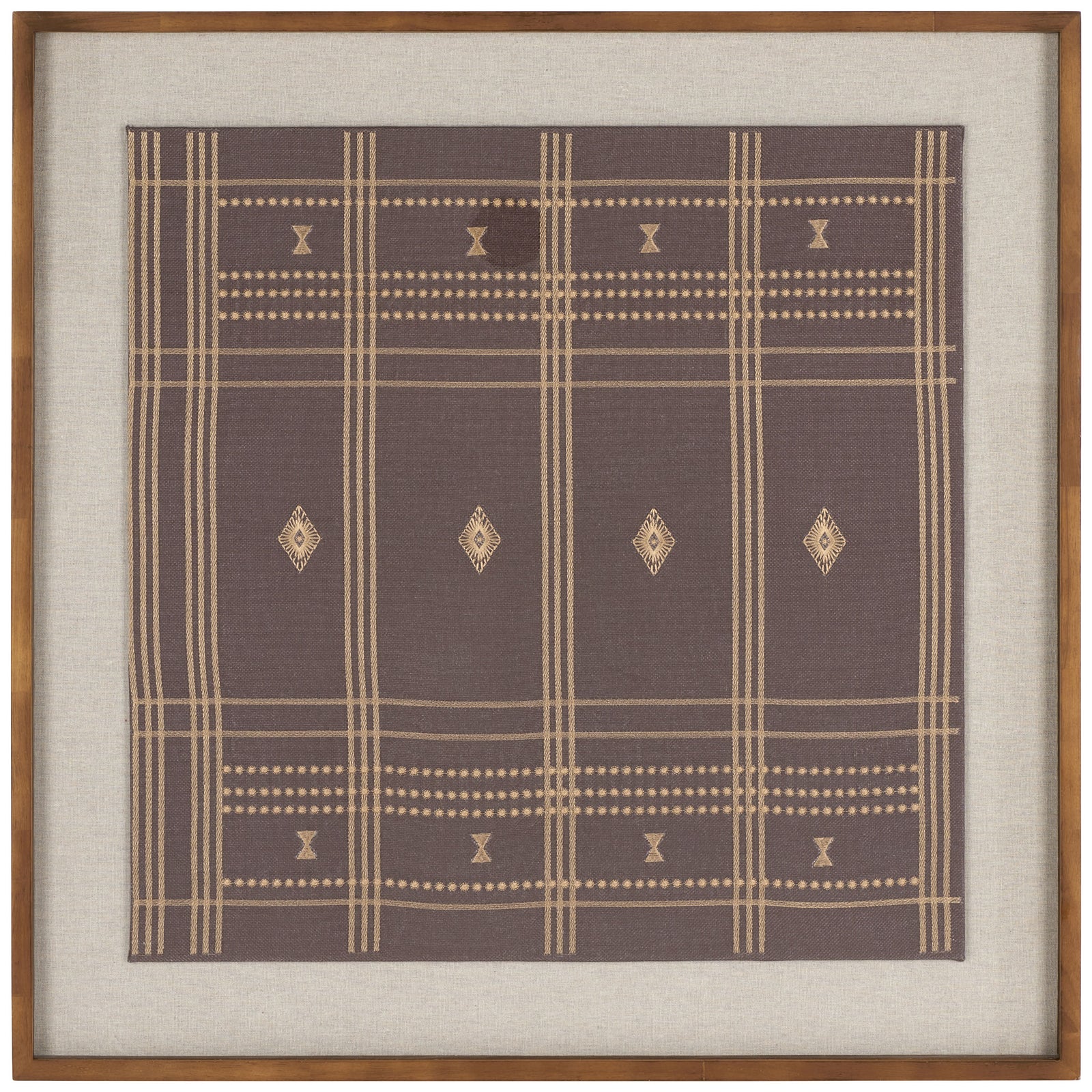 Fine lines and diamond motifs form a geometric pattern on brown textile art in a wood frame. || WLA1903A || front_studio