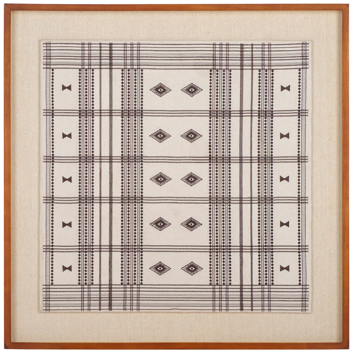 Cream textile art showcases orderly brown lines and repeating diamond motifs within a wood frame || WLA1904A || front_studio