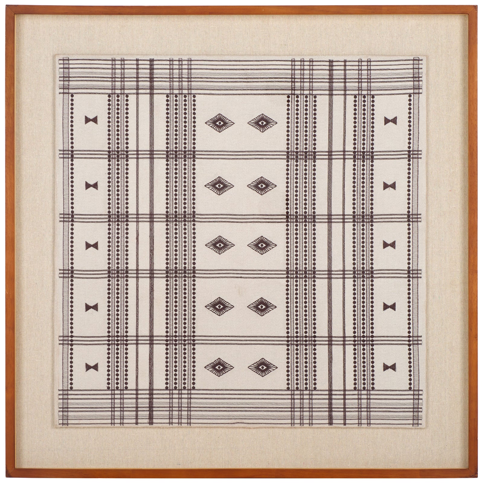 Cream textile art showcases orderly brown lines and repeating diamond motifs within a wood frame || WLA1904A || front_studio