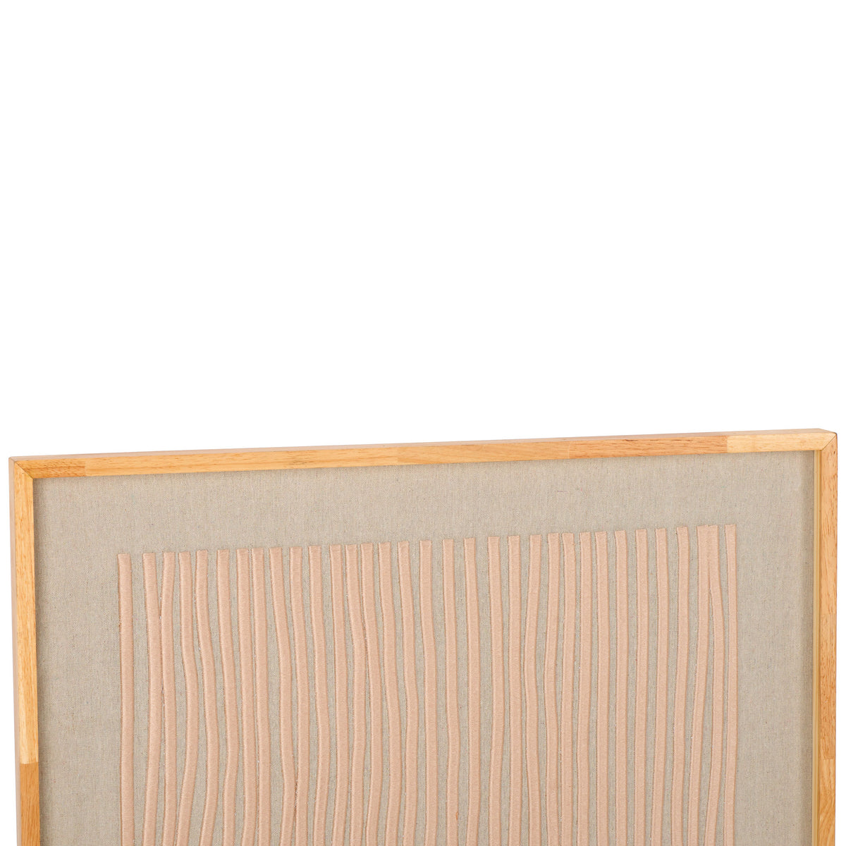 Delicate raised threads create a rhythmic pattern across linen within a pale wood frame