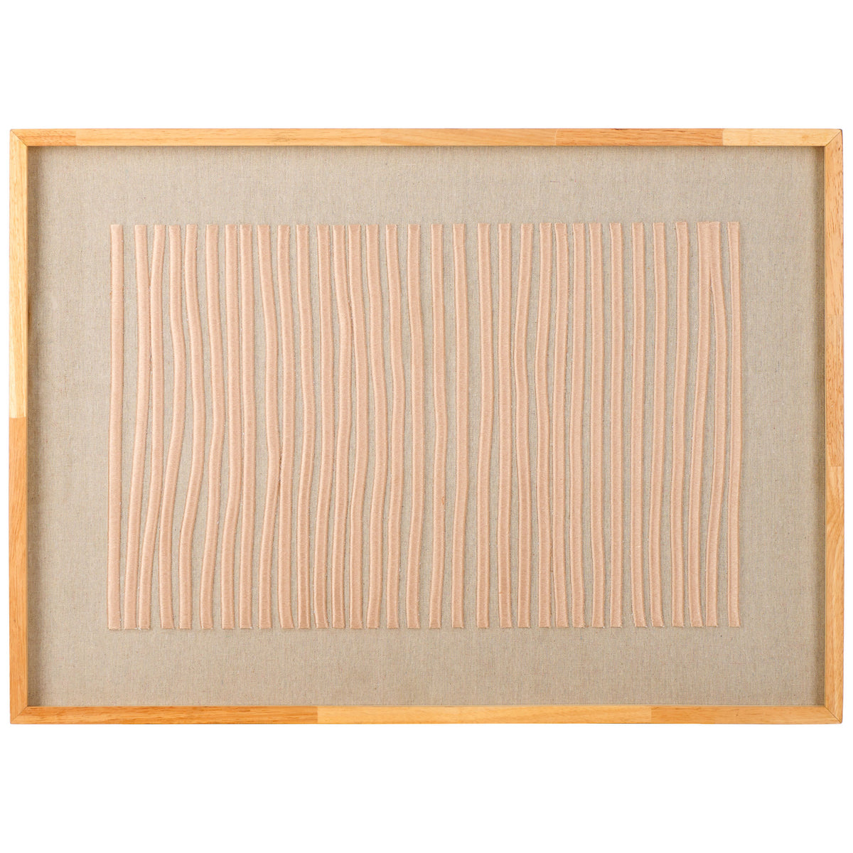 Vertical beige embroidery adds soft dimension to linen artwork enclosed in a natural wood frame || WLA1905A || front_studio
