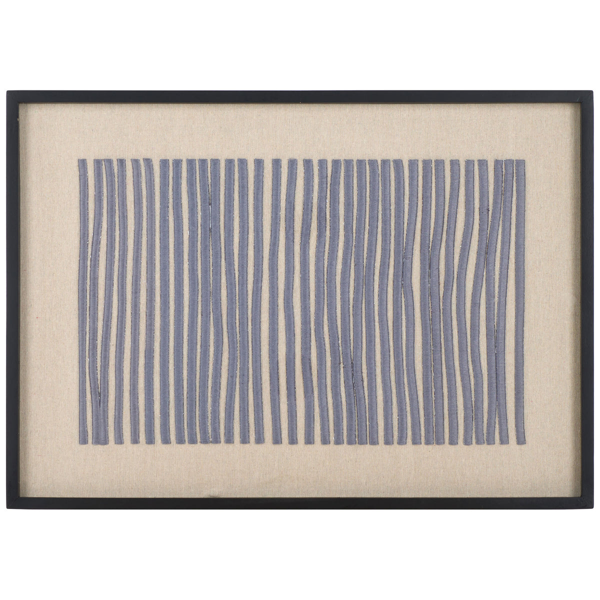 Slim gray-purple embroidered stripes bring geometric rhythm to natural linen in a sleek black frame. || WLA1906A || front_studio