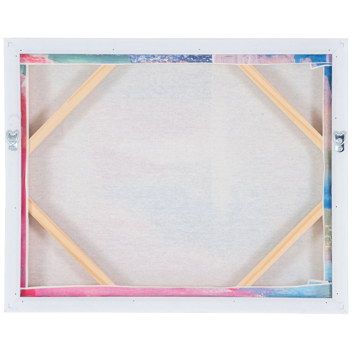 Stretched linen canvas has wooden corner braces and metal hangers. || WLA2074A || back_studio